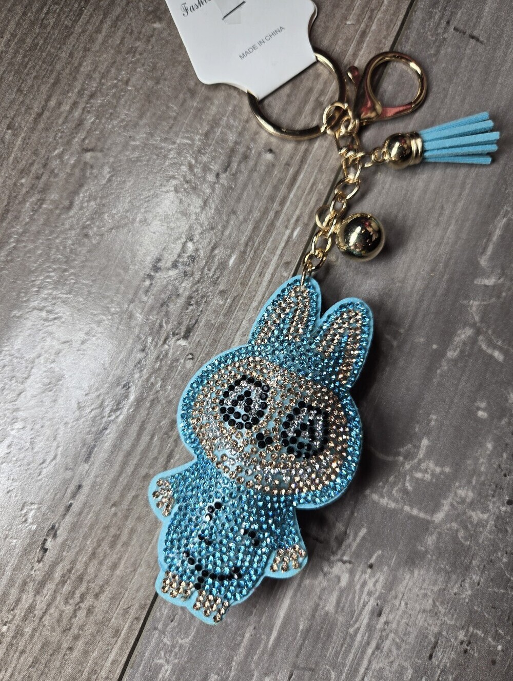 NWT Fashion Jewelry Sparkling Blue Labubu Inspired Gold Keyring Set with Charm
